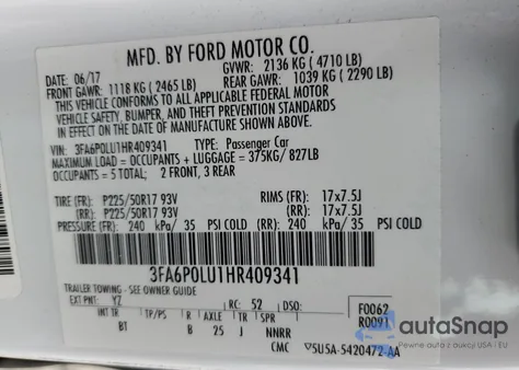 2017 Ford Fusion Se Hybrid из США, поврежденный, VIN 3FA6P0LU1HR409341